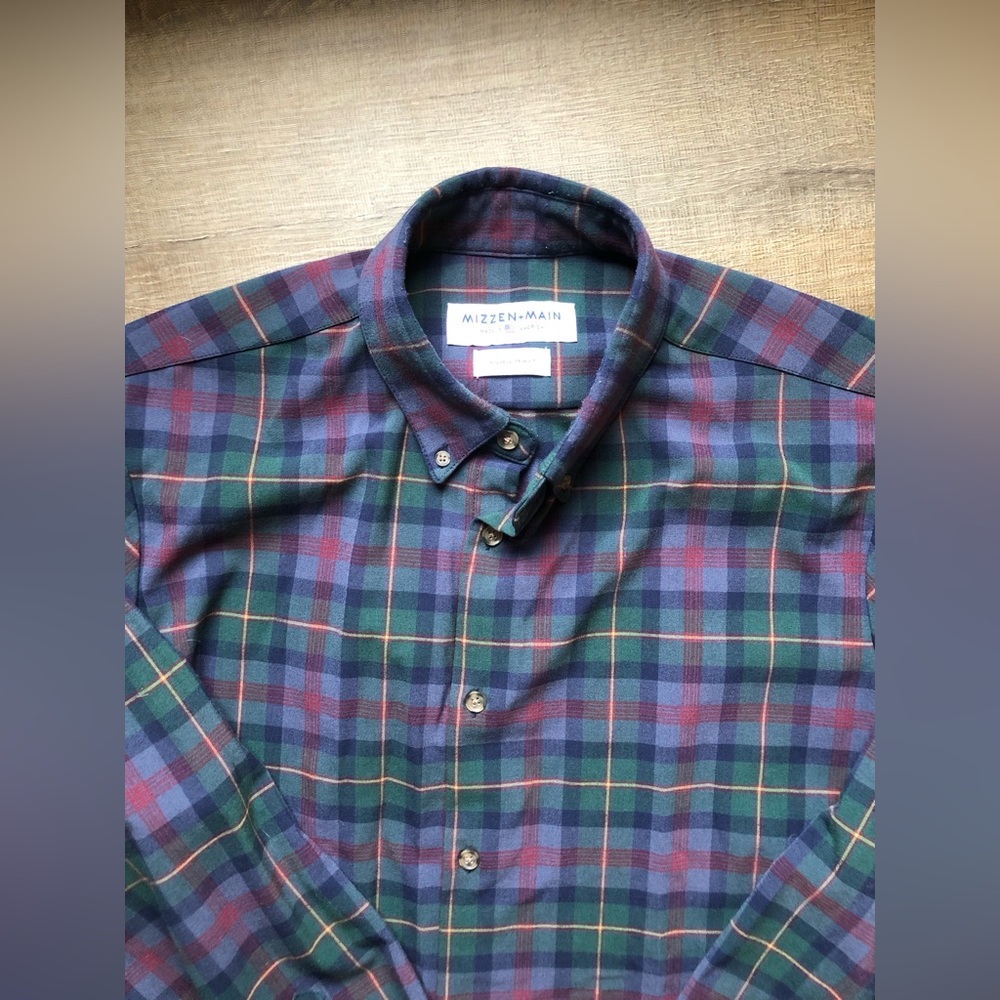Mizzen Main mens plaid XL shirt button down long sleeve blue green trim fit prep